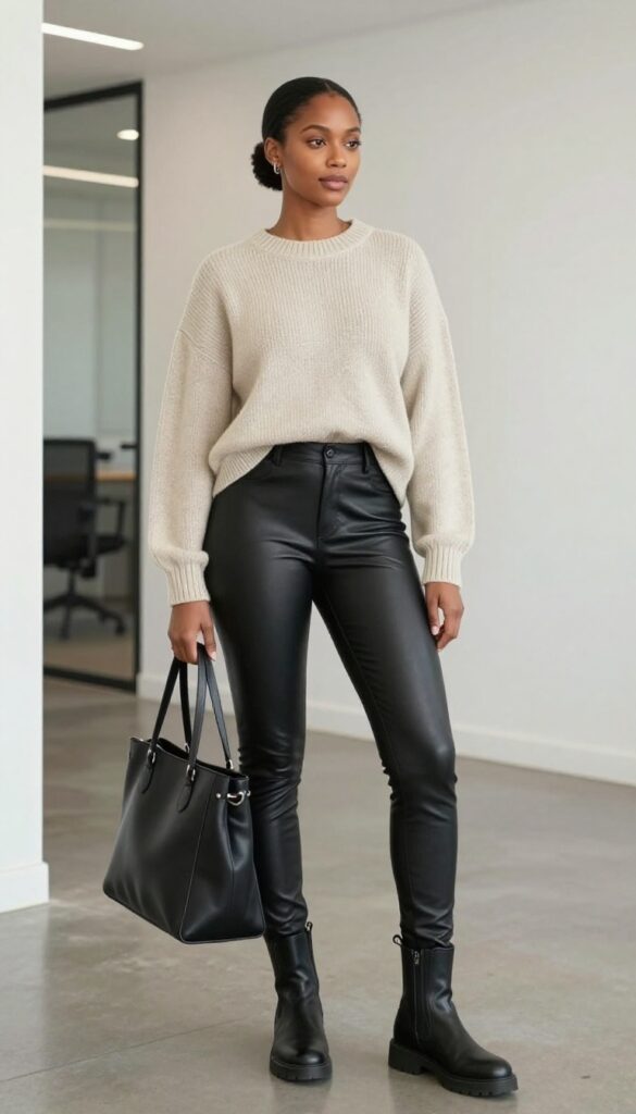 8. Leather Leggings + Oversized Sweater + Combat Boots