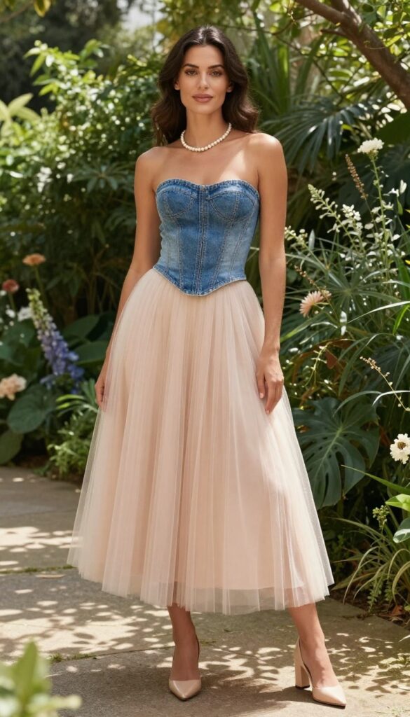 Woman in denim corset top and blush tulle skirt standing in garden