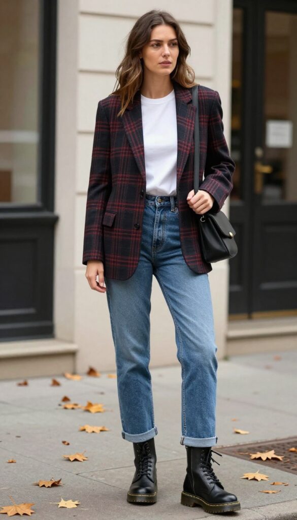 4. Plaid Blazer with White Tee, Straight-Leg Jeans, and Doc Martens