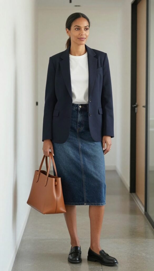 5. Denim Skirt with a Blazer and Loafers