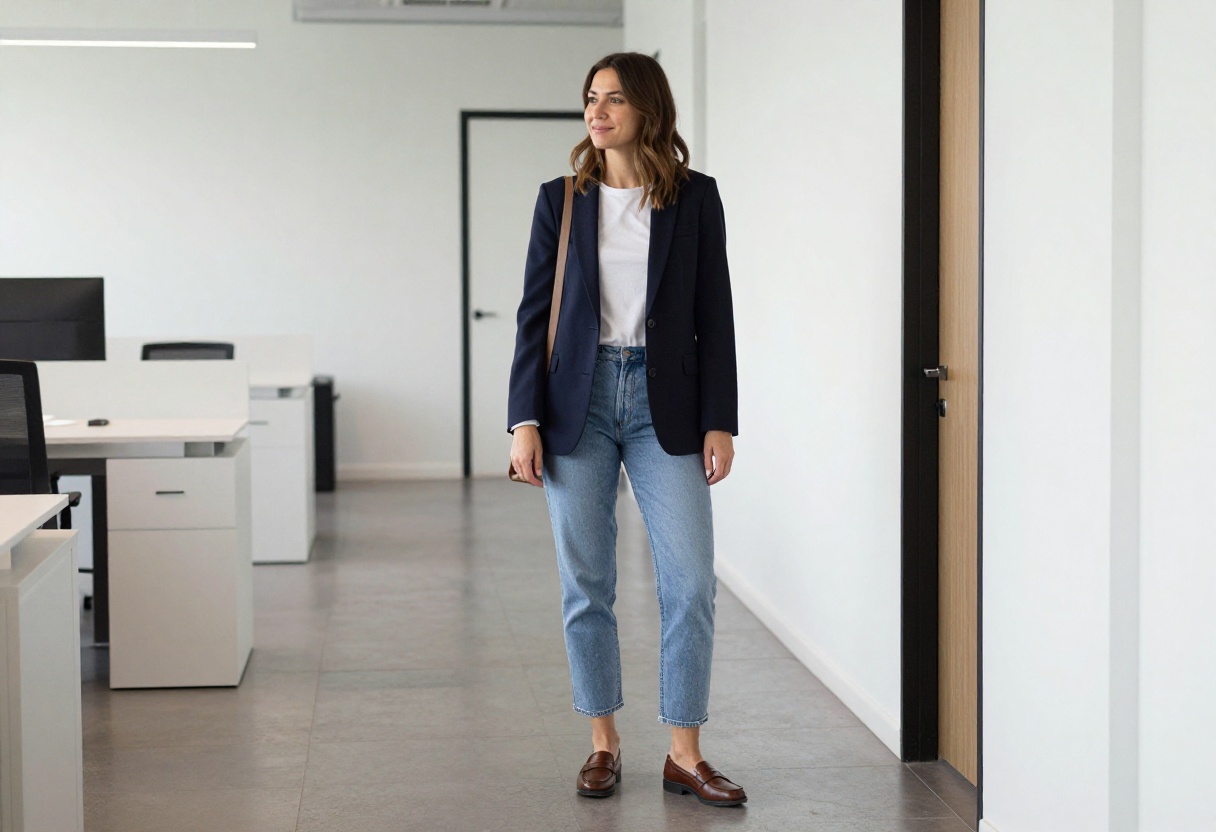 Woman in navy blazer, white tee, and jeans standing in office hallway