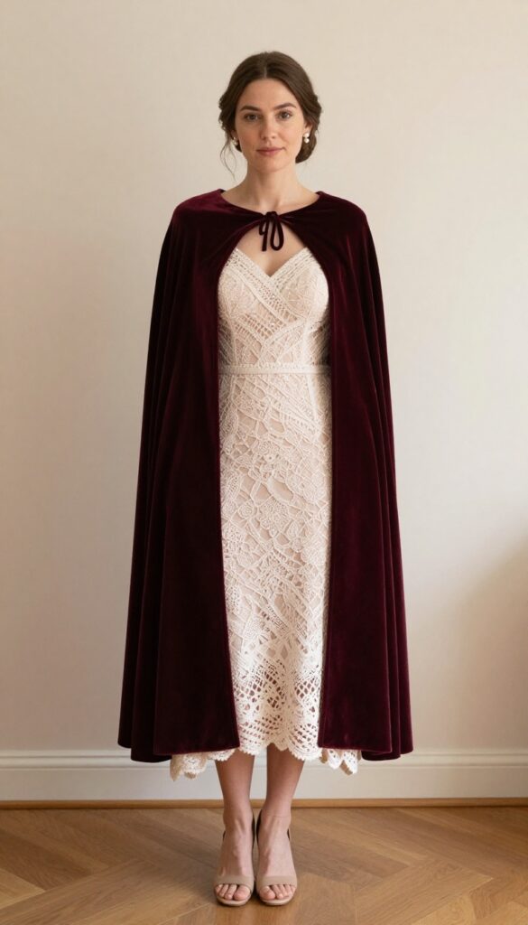 Woman in blush crochet A-line wedding dress with deep burgundy velvet cape, pearl studs, low bun, standing gracefully in warm indoor venue.