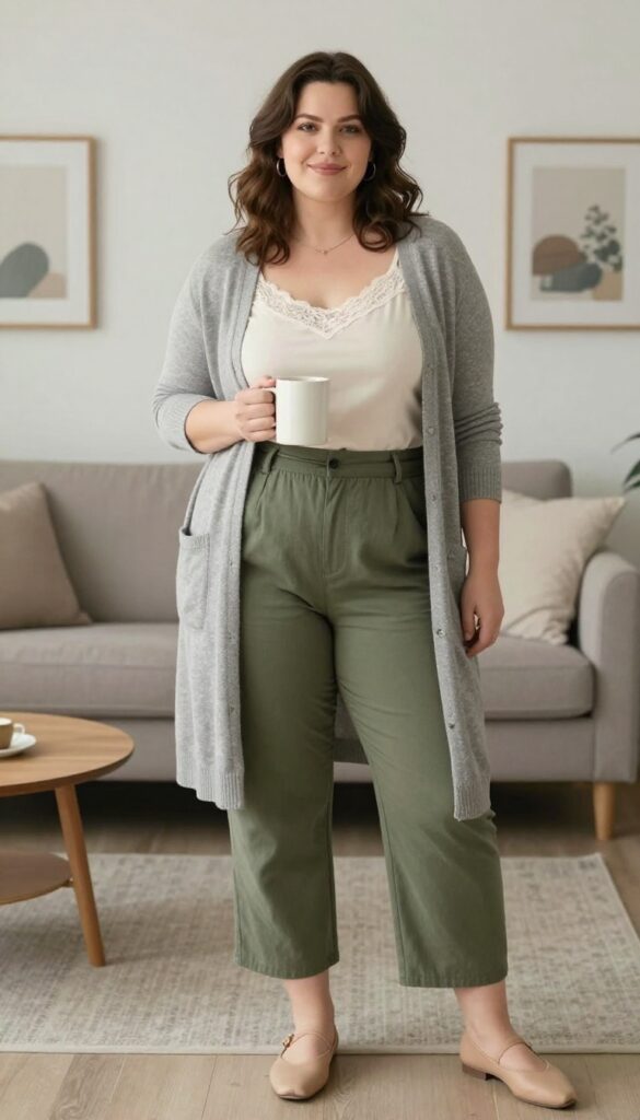 10. Lace-Trim Camisole + Cardigan + Wide-Leg Cropped Pants