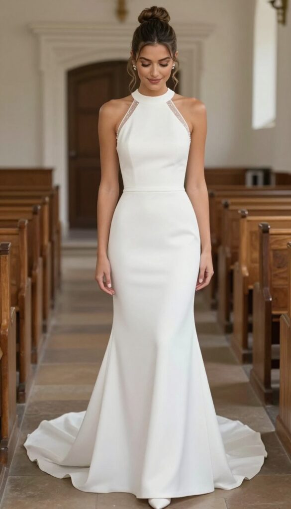 Bride in white high-neck straight wedding dress with sheer illusion crystal necklace, low chignon, minimal makeup, standing in bright chapel interior with wooden pews and soft natural light.