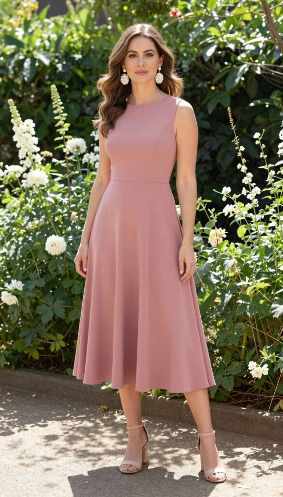 Dusty rose A-line midi dress with pearl accessories and nude block-heel sandals in a sunlit garden