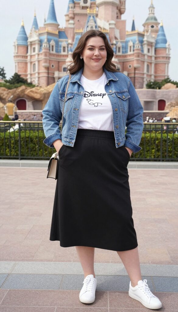 3. Midi Skirt with a Graphic Tee and Denim Jacket