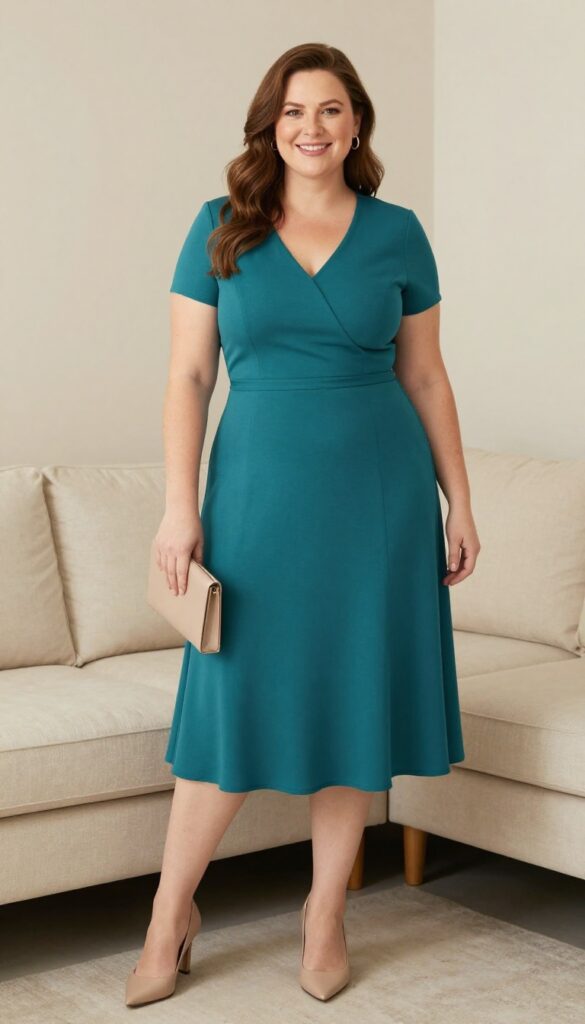 11. Teal Fit-and-Flare Dress with Nude Pumps
