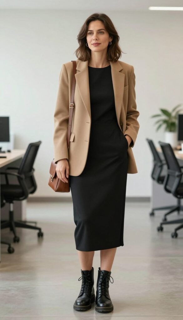 3. Combat Boots with a Midi Dress and Blazer