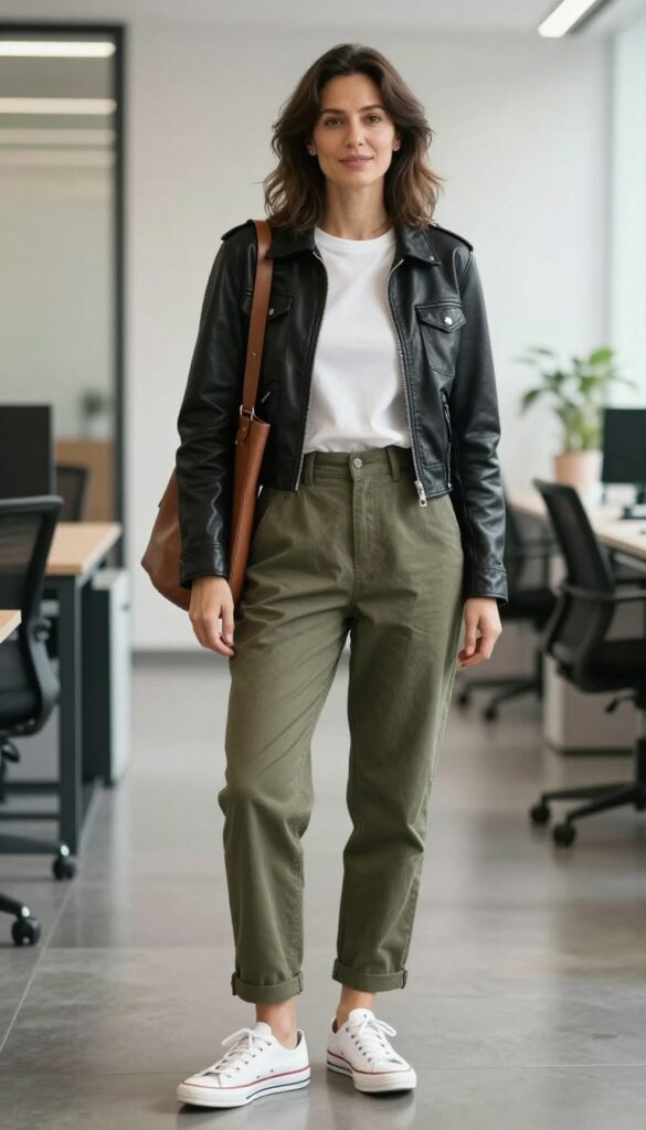 8. Sneakers + Jumpsuit + Leather Jacket