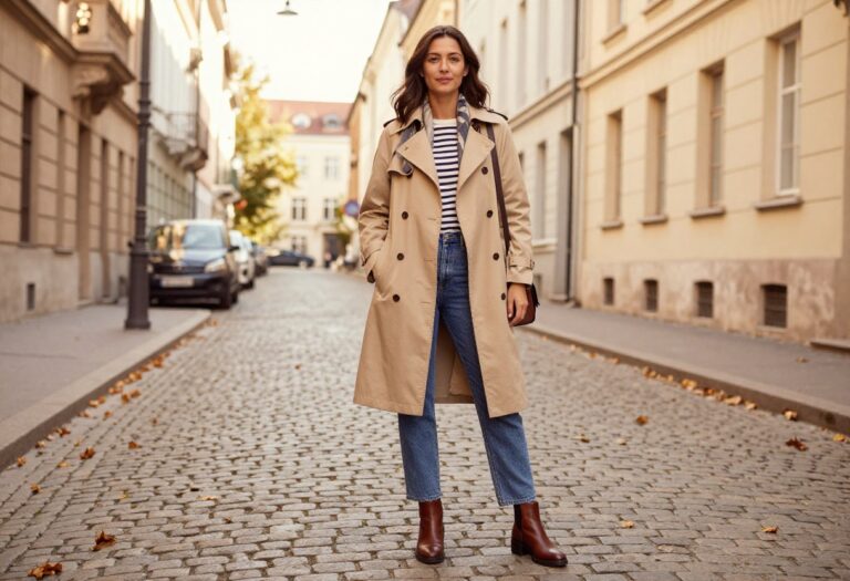 Woman in trench coat and jeans on cobblestone street in fall Europe