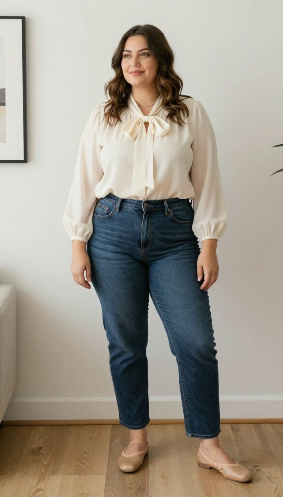 1. Bow-Adorned Blouse with High-Waisted Jeans