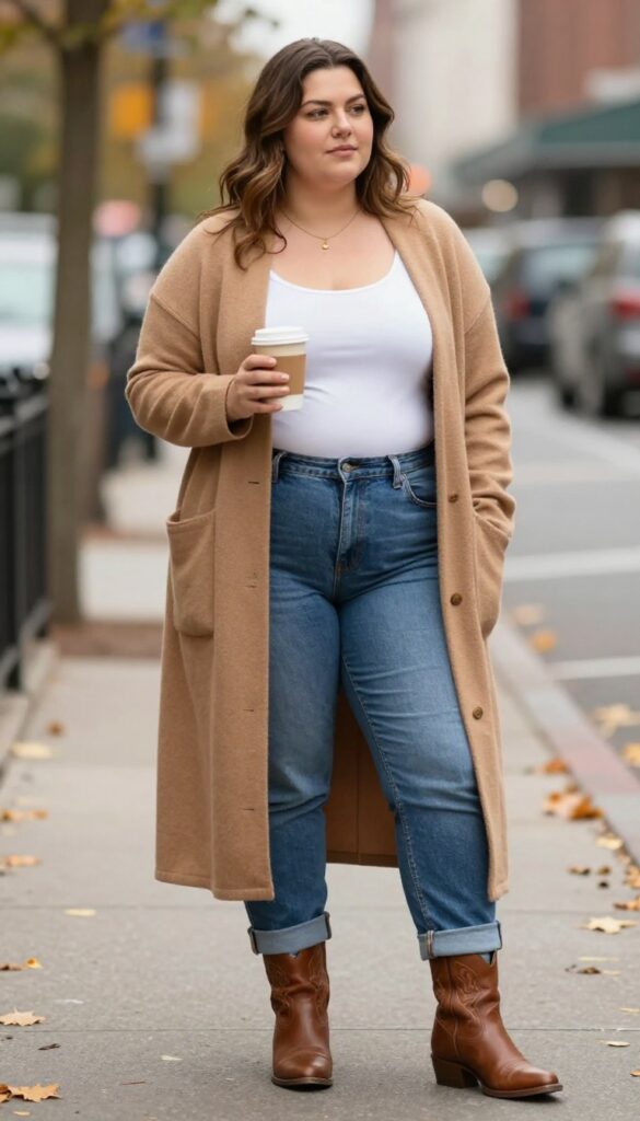 9. Layered Look: Cardigan + Tank + Boyfriend Jeans + Western Booties