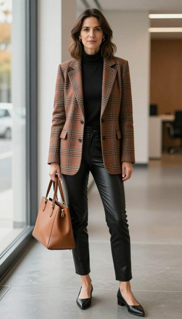 12. Plaid Blazer + Black Turtleneck + Leather Pants