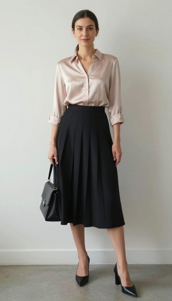 3. Silk Blouse + Pleated Midi Skirt + Block Heels