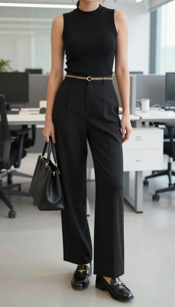 3. Black Wide-Leg Pants + Fitted Turtleneck + Chain Belt