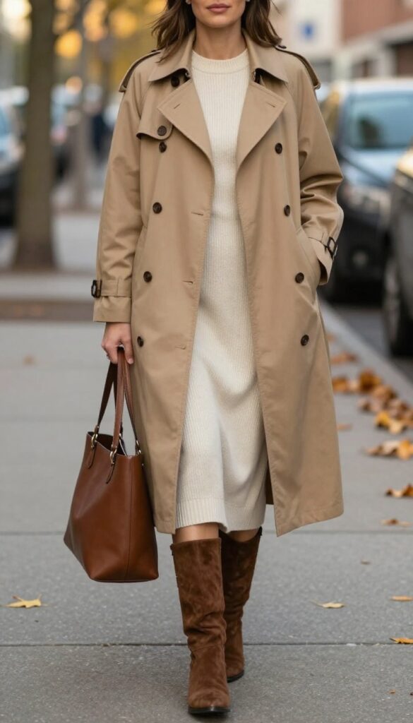 2. Tan Trench Coat Over a Cream Knit Dress