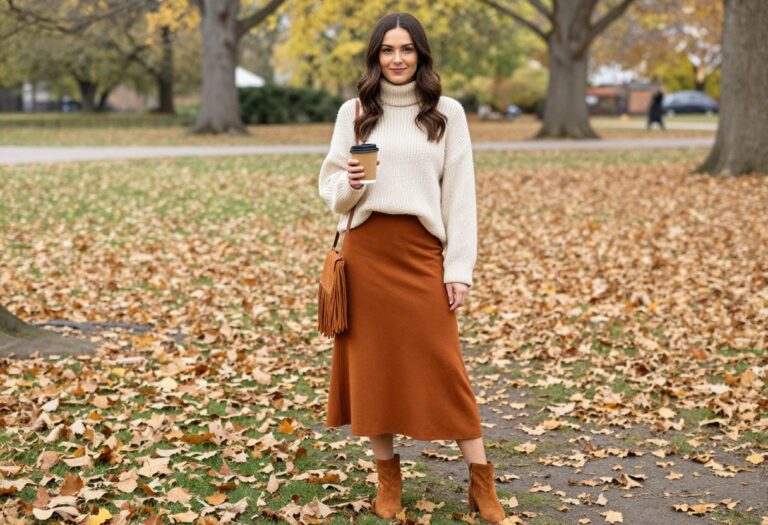 Woman in chunky knit sweater and rust maxi skirt with suede boots in autumn park