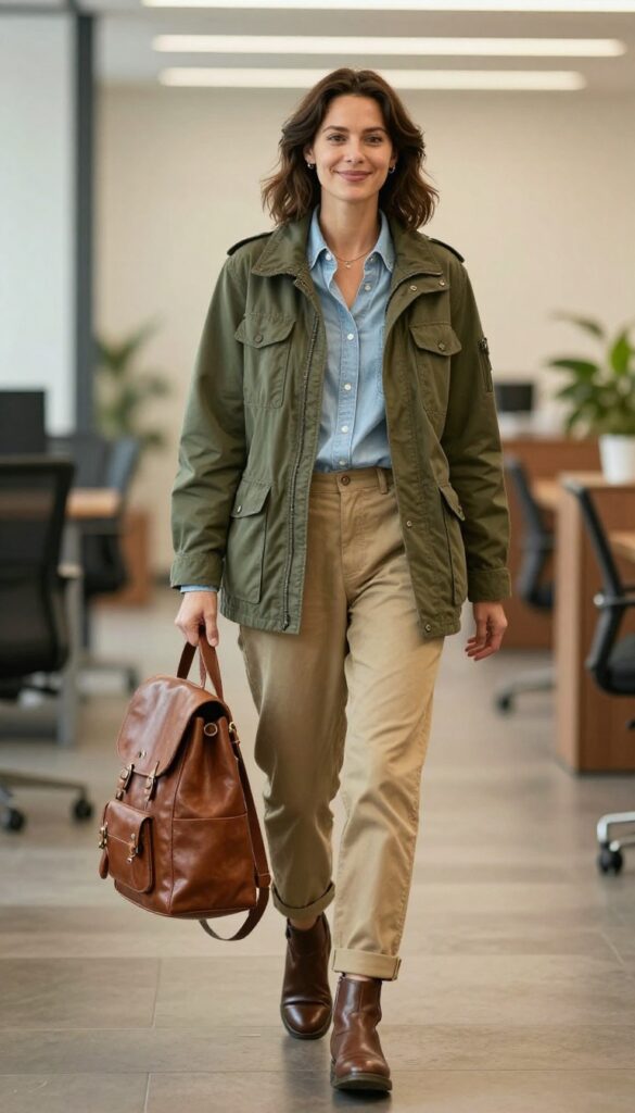 5. Olive Utility Jacket + Chambray Shirt + Khaki Chinos