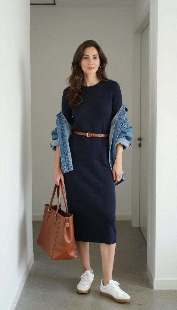 3. Navy Knit Midi Dress + Belt + Leather Sneakers