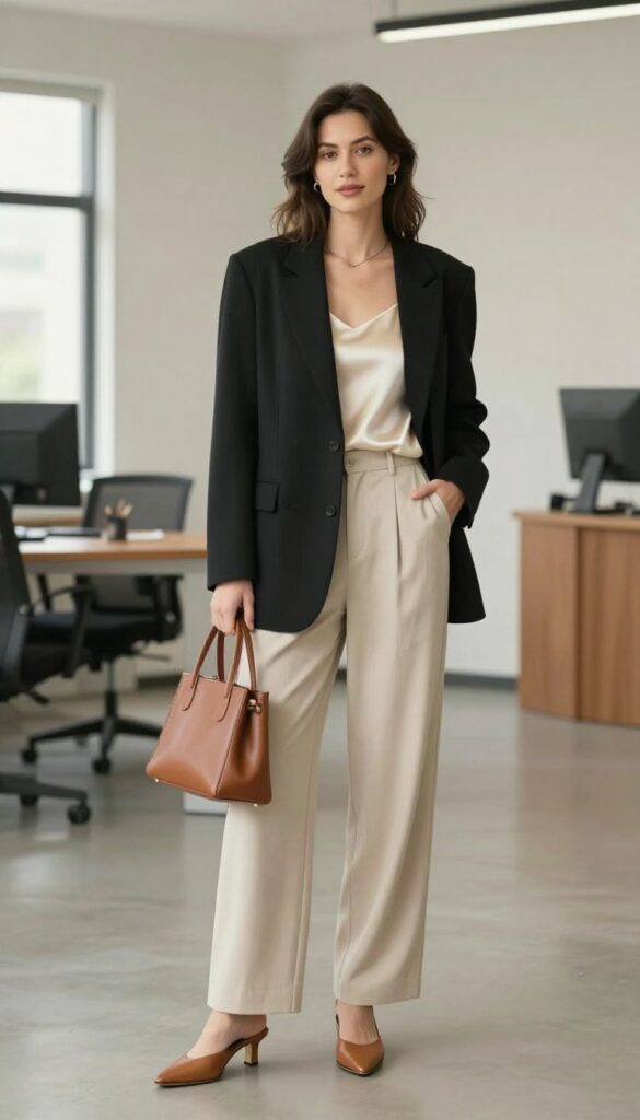 2. Oversized Blazer + Silk Camisole + Wide-Leg Trousers
