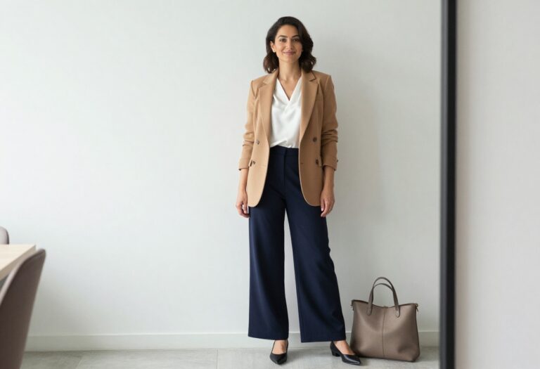 Woman in camel blazer and wide-leg trousers standing in a bright office