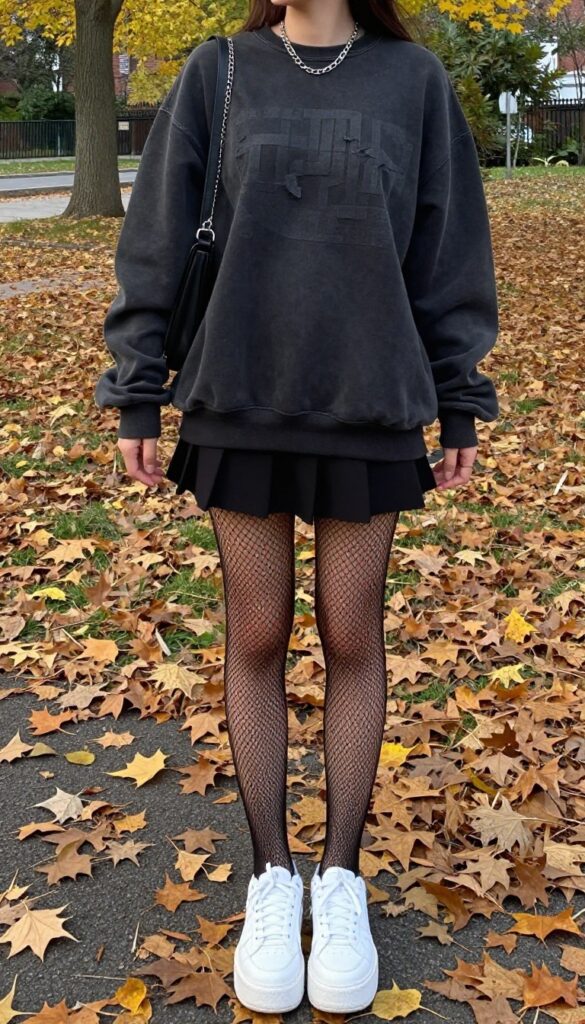7. Graphic Sweatshirt + Pleated Skirt + Fishnets + Chunky Sneakers