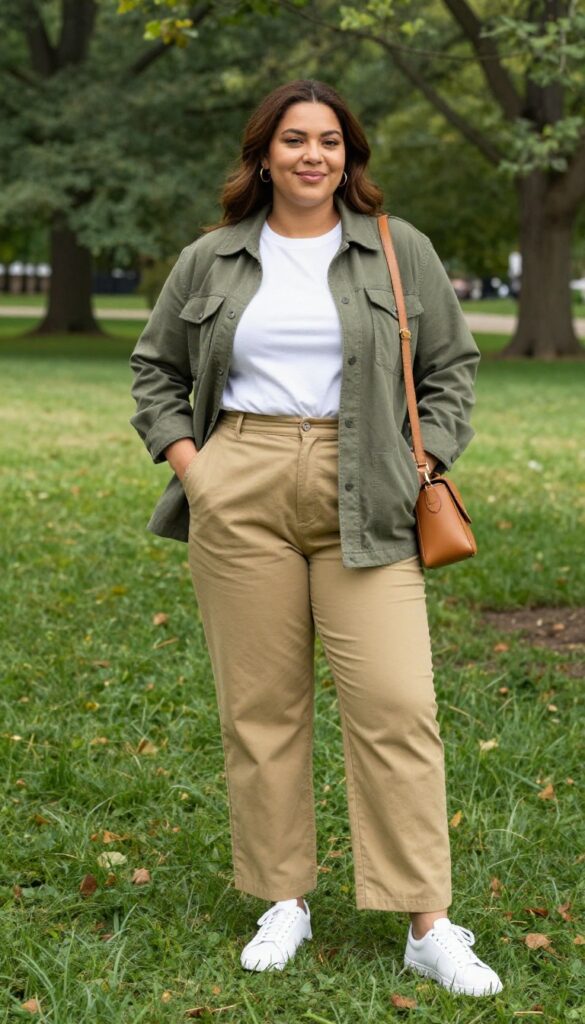 12. Olive Utility Jacket with a White Tee and Khaki Chinos