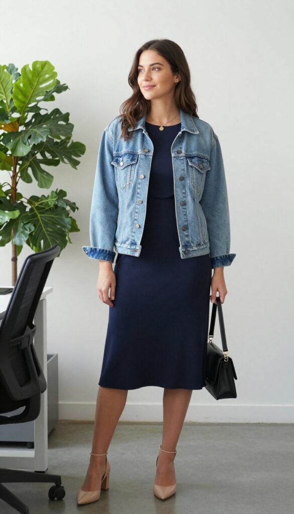 6. Denim Jacket + Midi Dress + Block Heels