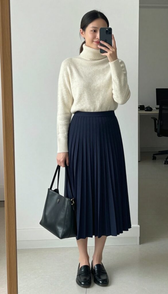 6. Turtleneck + Pleated Midi Skirt + Loafers