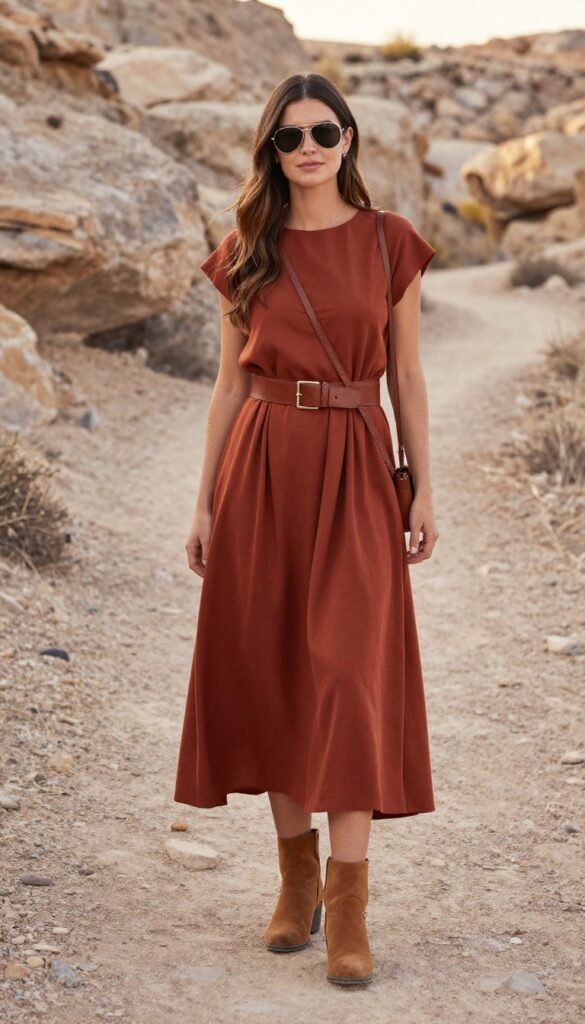 Woman in terracotta drop waist dress and suede booties at desert wedding venue