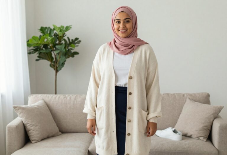 Plus size hijabi woman in oversized cardigan and midi skirt, casual indoor setting