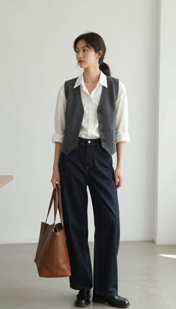 12. Vest + Button-Down + Wide-Leg Jeans + Loafers