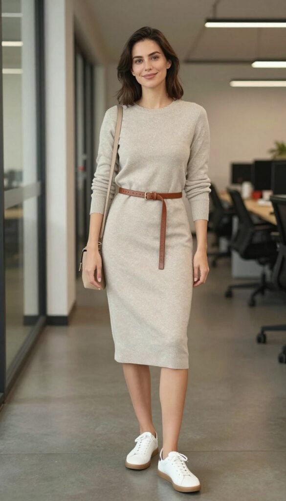 12. Knit Dress + Belt + Sneakers
