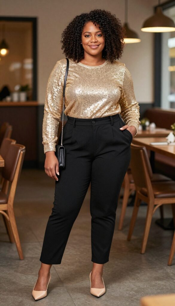3. Sequin Top with High-Waisted Trousers