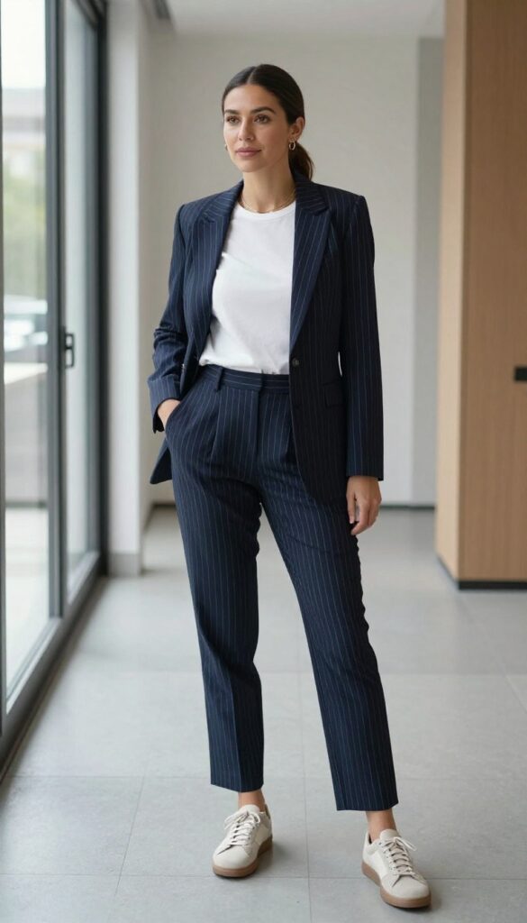 4. Pinstripe Blazer + Matching Trousers + White Tee