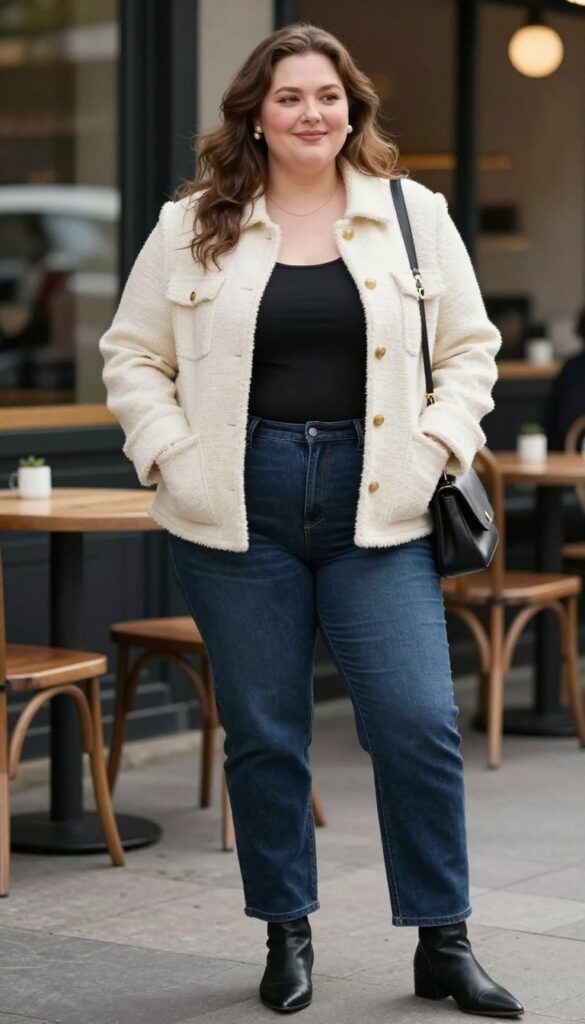 14. Ivory Tweed Jacket with Dark Wash Bootcut Jeans