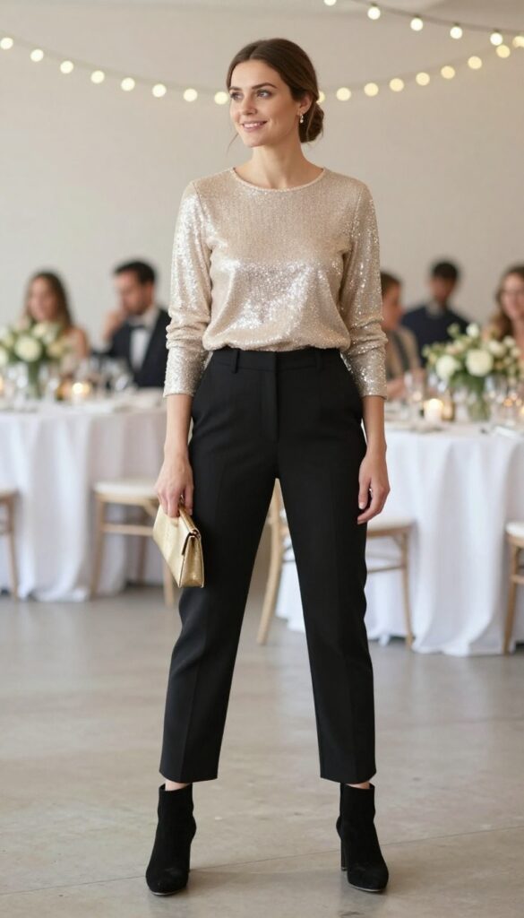 Woman in light gold sequin top and black trousers at wedding reception