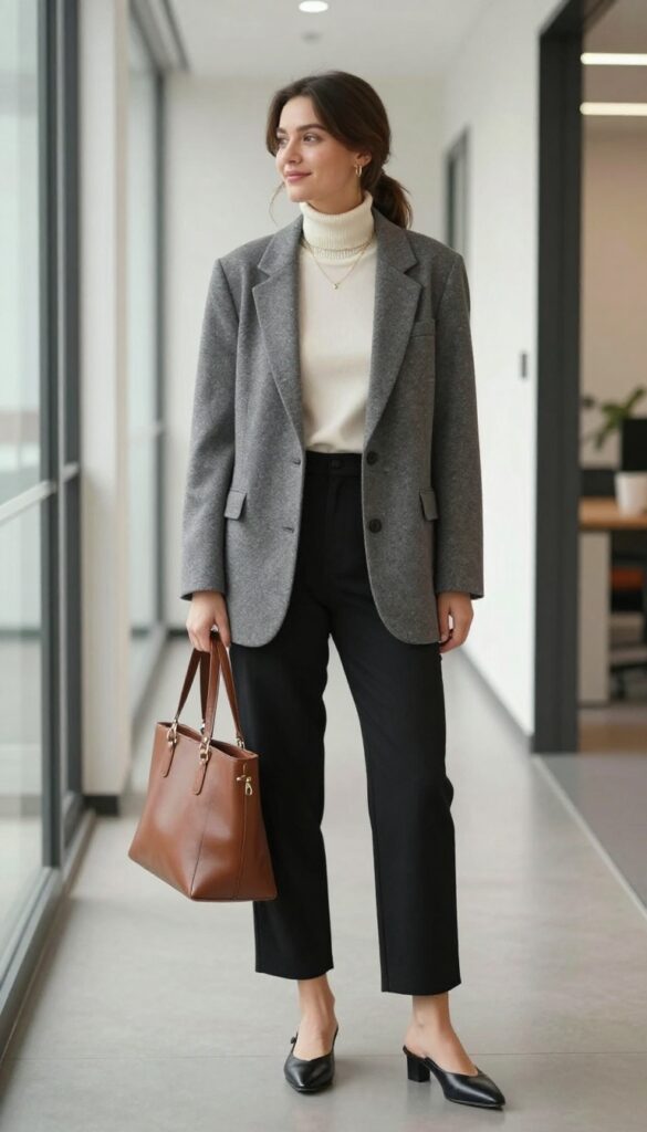 7. Wide-Leg Crop Pants + Fitted Turtleneck + Blazer