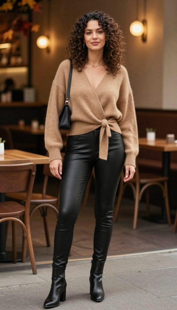 10. Cashmere Wrap Sweater with Faux Leather Leggings
