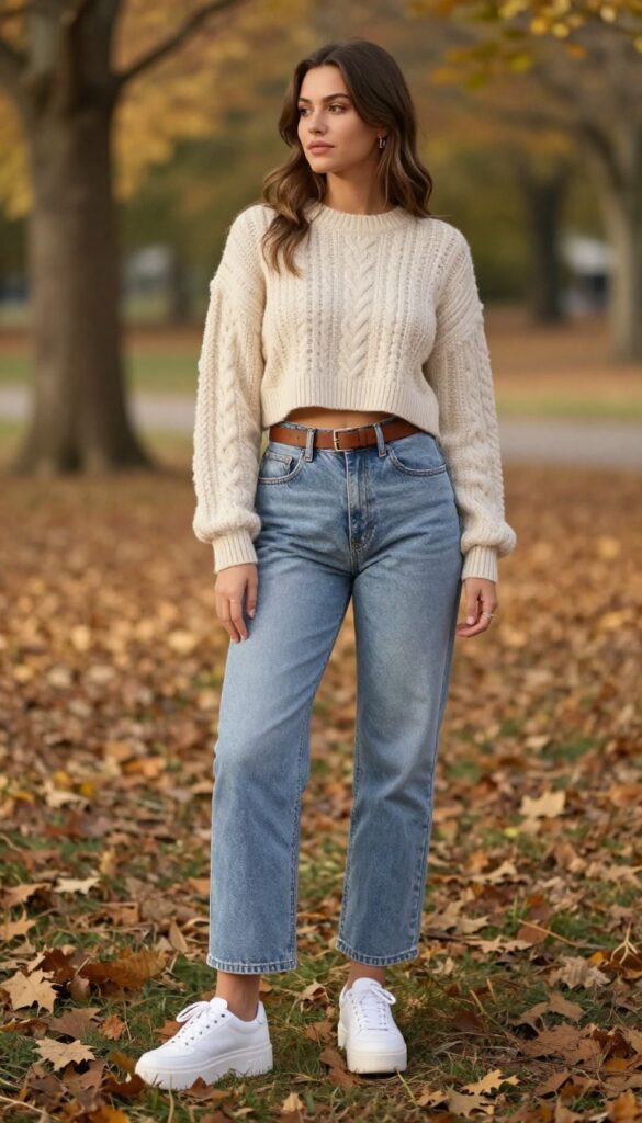 5. Wide-Leg Jeans with a Cropped Sweater and a Belt Bag