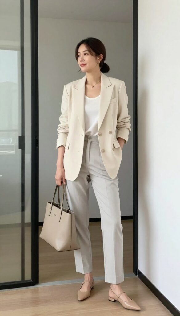 1. Cream Blazer + Gray Trousers + Pointed Flats