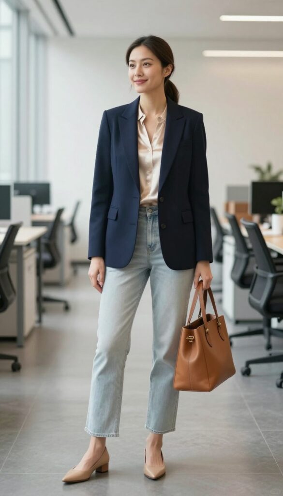 2. Blazer + Straight-Leg Jeans + Silk Shell