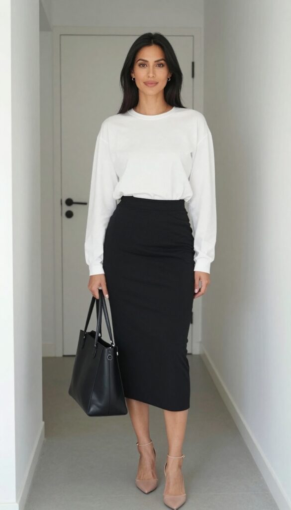 10. Asymmetrical Hem Skirt with a Simple Tee and Heels