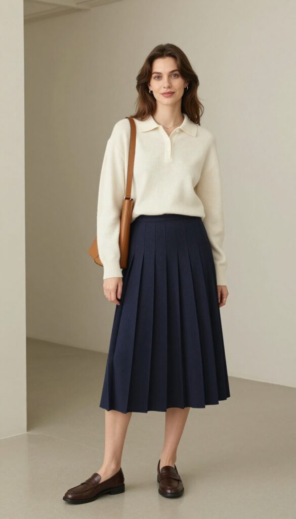 13. Polo Neck + Pleated Skirt + Loafers