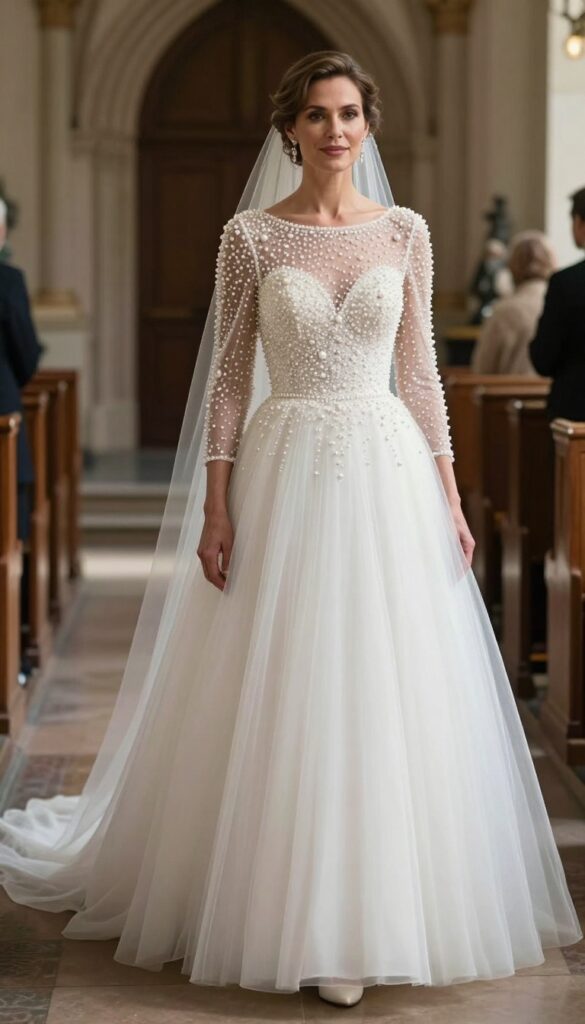 Woman in embellished ball gown wedding dress with veil and drop earrings in church aisle