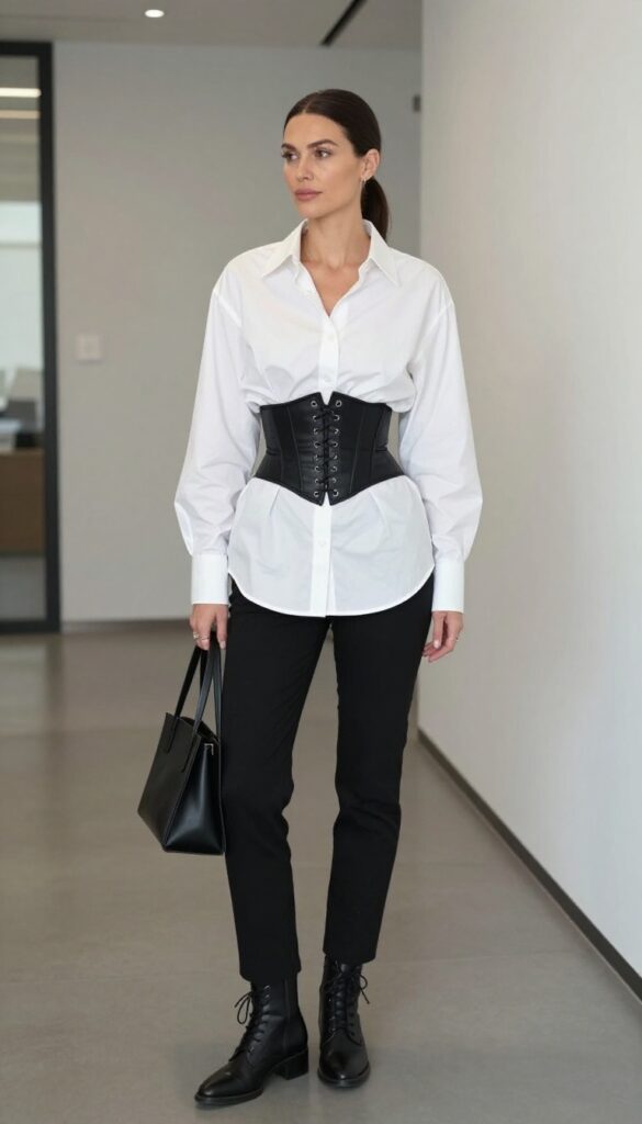 8. The Corset Belt Over a Button-Down