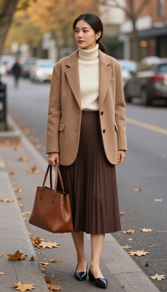6. Wool Blazer + Turtleneck + Pleated Midi Skirt + Pointed Flats