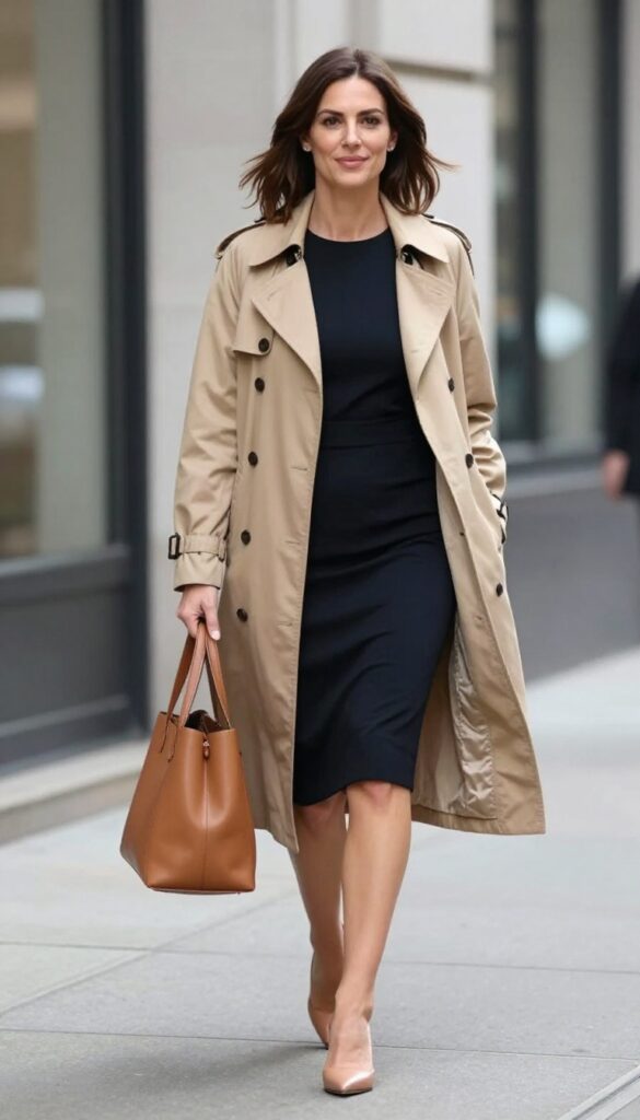 3. Classic Trench Coat Over a Sheath Dress