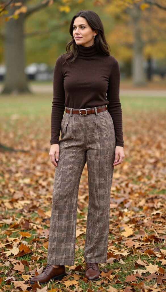 11. Brown Turtleneck with Plaid Trousers