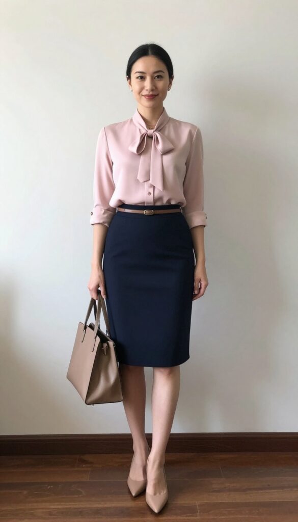 2. Bow Blouse + A-Line Midi Skirt